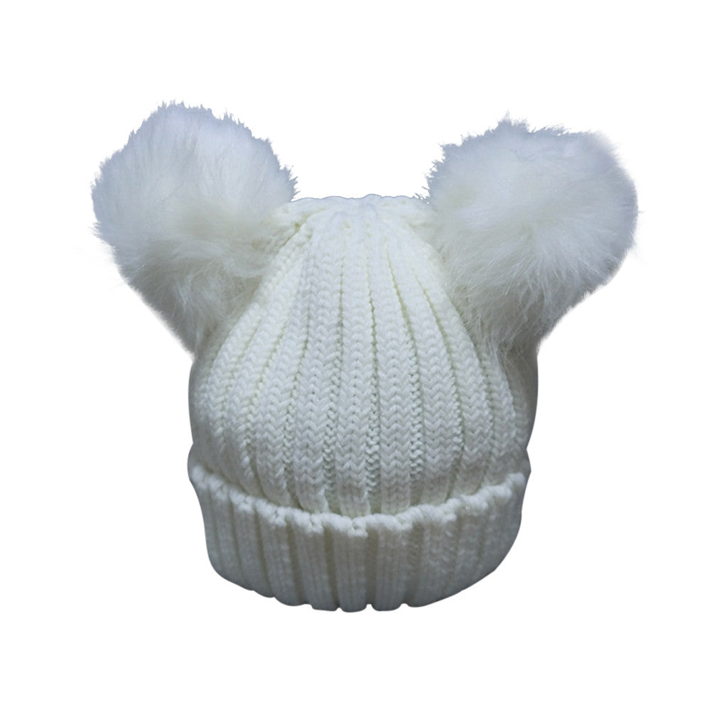 Women's Winter Chunky Knit Beanie Hat with Double Faux Fur Pom Pom Ears