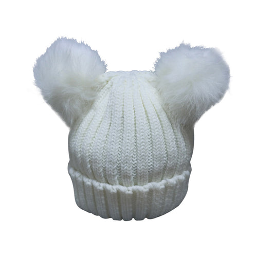 Women's Winter Chunky Knit Beanie Hat with Double Faux Fur Pom Pom Ears