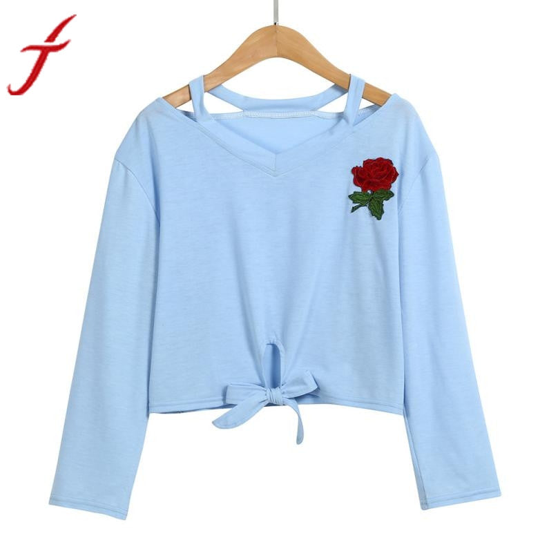 Fashion Blue Sweatshirt Womens Long Sleeve Rose Print Causal Bow Tie Cotton Short Tops Autumn New women sweatshirts