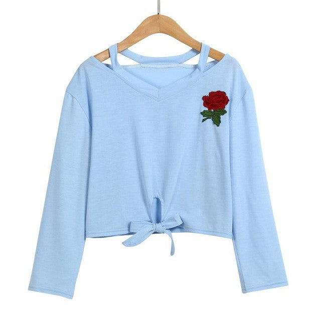 Fashion Blue Sweatshirt Womens Long Sleeve Rose Print Causal Bow Tie Cotton Short Tops Autumn New women sweatshirts