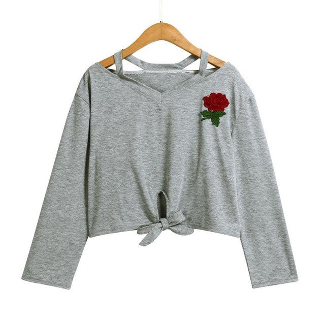Fashion Blue Sweatshirt Womens Long Sleeve Rose Print Causal Bow Tie Cotton Short Tops Autumn New women sweatshirts