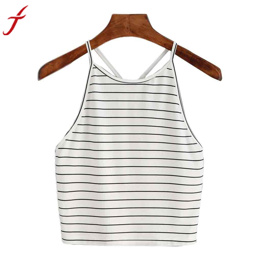 2017 HOT Summer Tops Women Fashion Sexy Striped Top O-Neck Sleeveless Short T-Shirt Tops#LSN