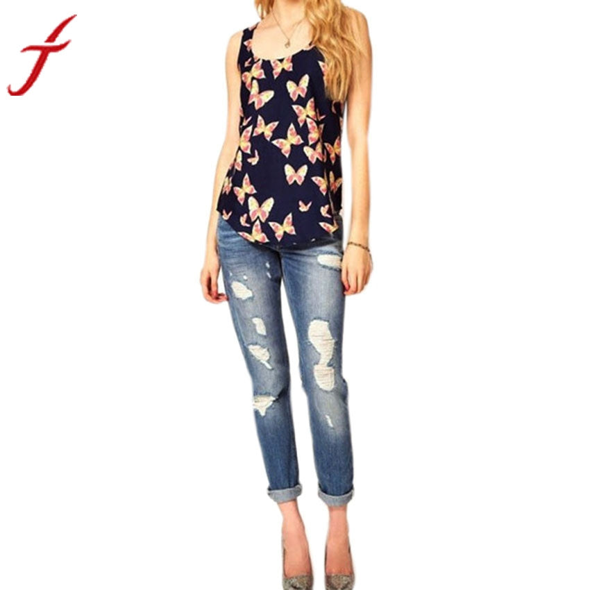 2015 Free shiping Women's Vest Butterfly Print Plus Size S~XXL Sleeveless Chiffon Tank Top Shirts Crew Vest 5size #XL40