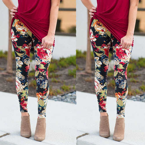 Women Autumn Winter Elastic Leggings Print Floral Trousers Sport Pencil Pants