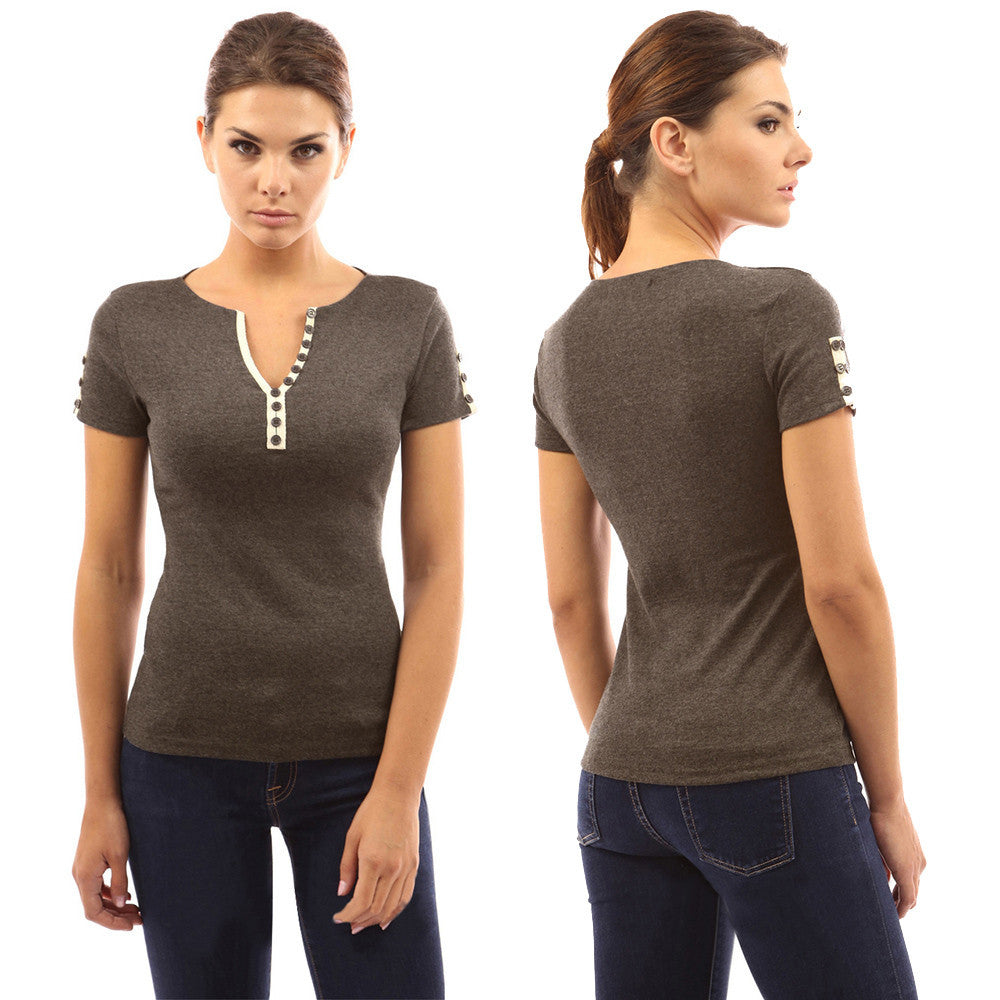 Women Ladies Sexy Casual Button V Neck T-shirt