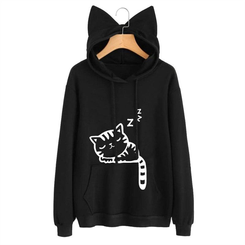Fashion Women Front Pocket Cat Ear Hoodie Sleeping Cat Pattern Printed Pullover Sweatshirt