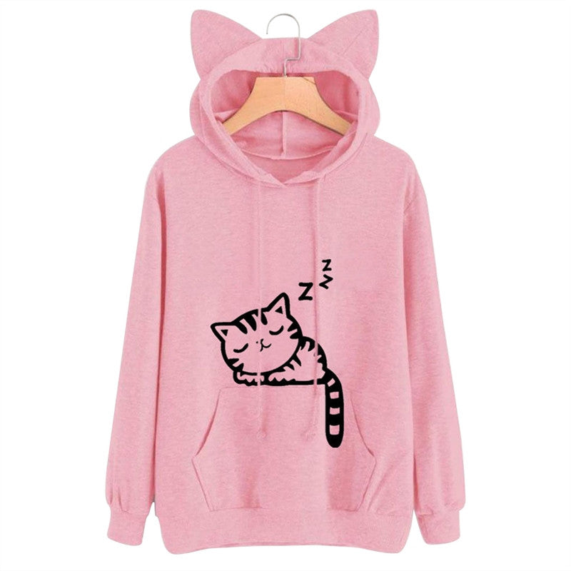 Fashion Women Front Pocket Cat Ear Hoodie Sleeping Cat Pattern Printed Pullover Sweatshirt