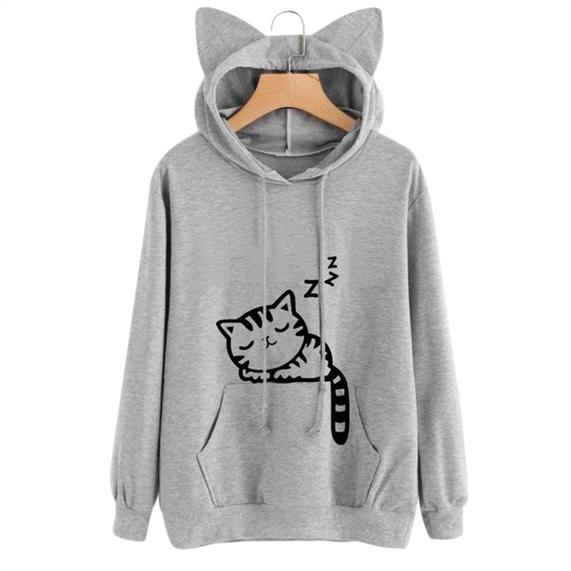 Fashion Women Front Pocket Cat Ear Hoodie Sleeping Cat Pattern Printed Pullover Sweatshirt