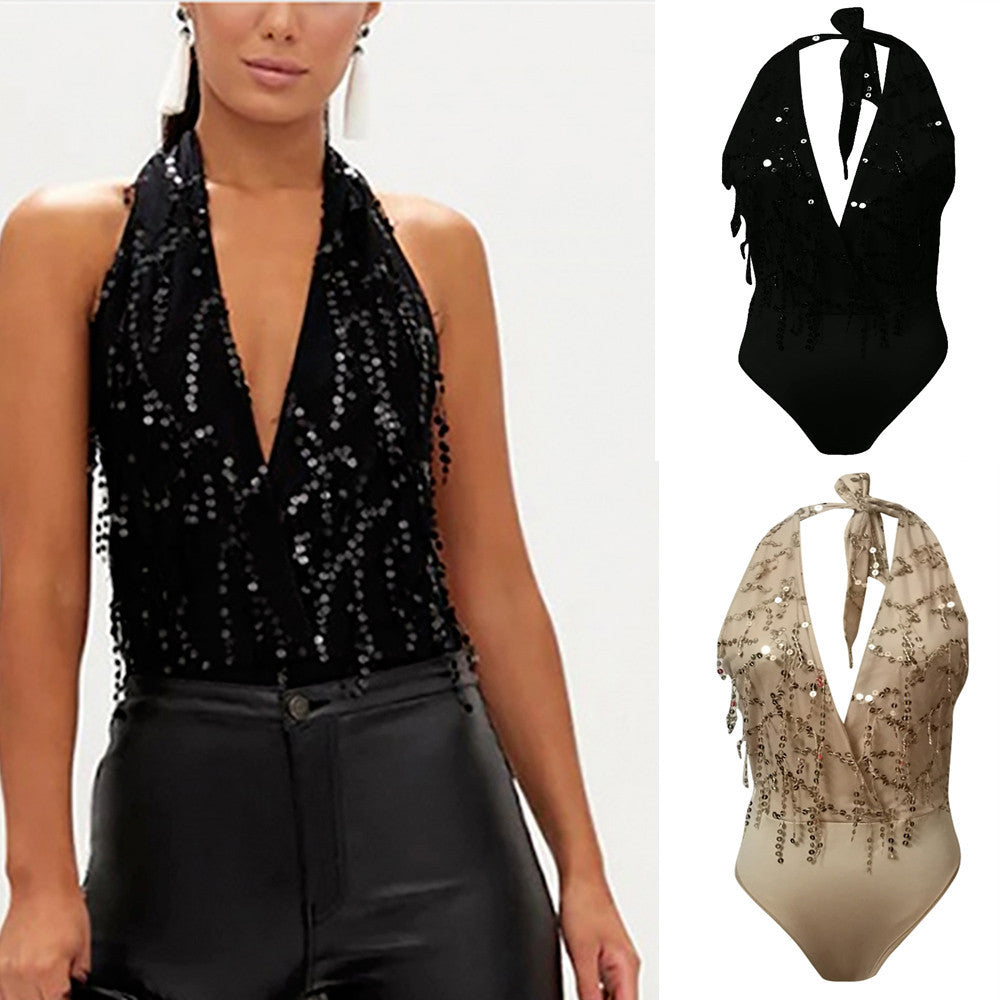 Fashion Women Halter Bandage Backless Sequains Sexy V Neck Jumpsuit Playsuit