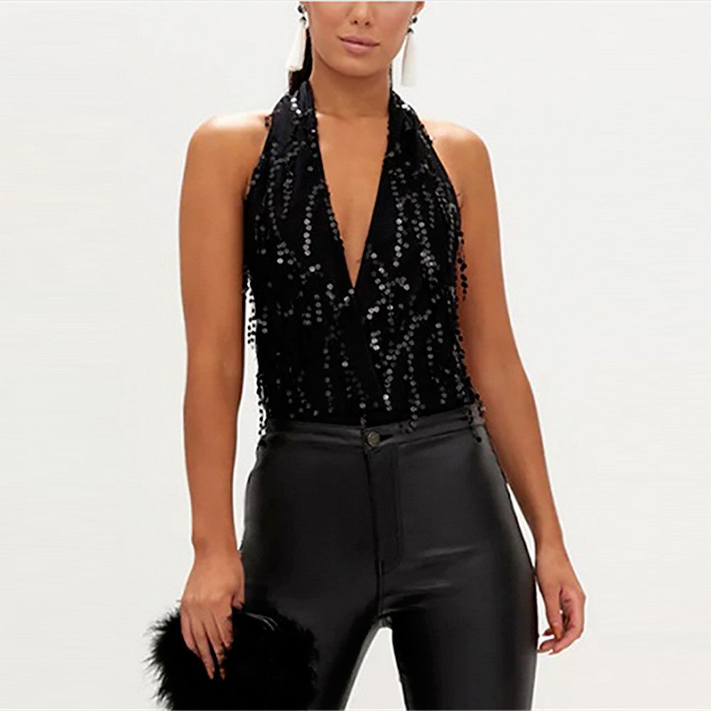 Fashion Women Halter Bandage Backless Sequains Sexy V Neck Jumpsuit Playsuit