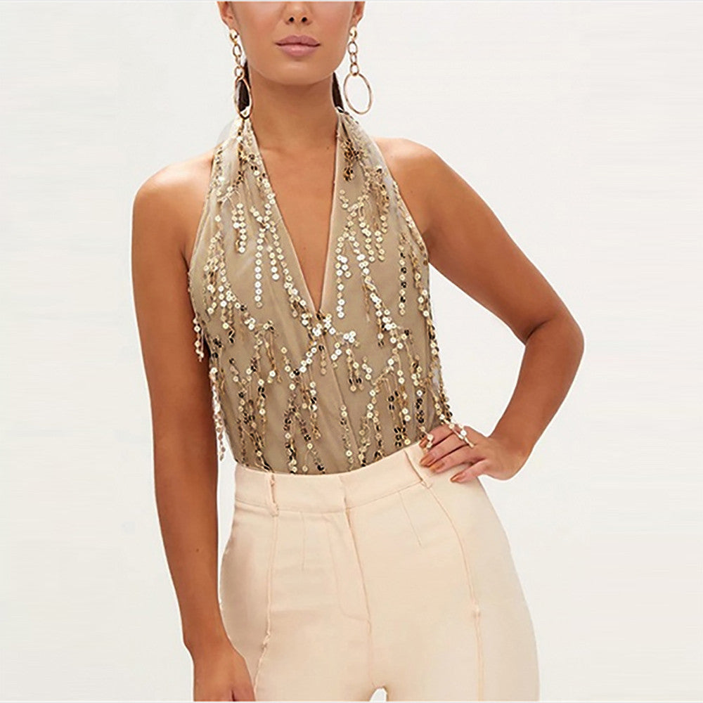Fashion Women Halter Bandage Backless Sequains Sexy V Neck Jumpsuit Playsuit
