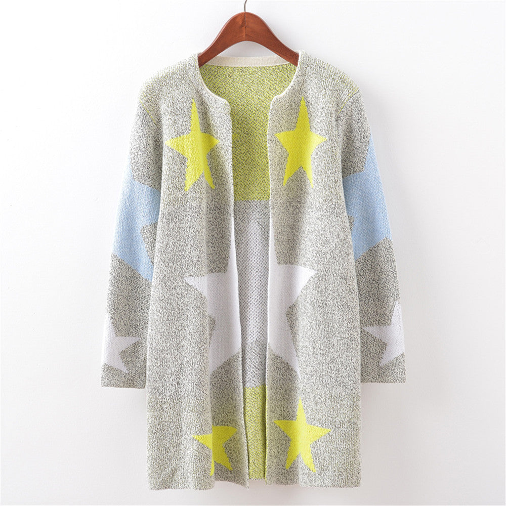 Alimida Autumn Cardigans Stars Pattern Print Casual Fashion Women Long