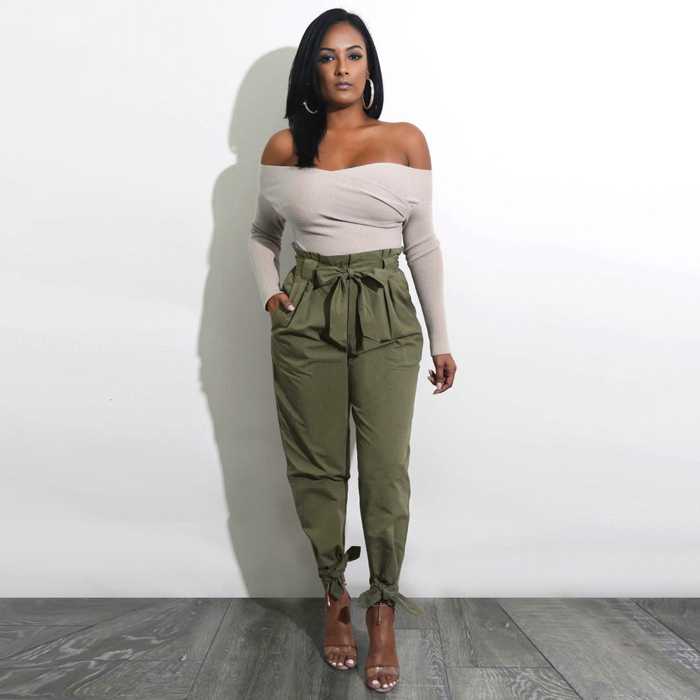 Womens Belted High Waist Trousers