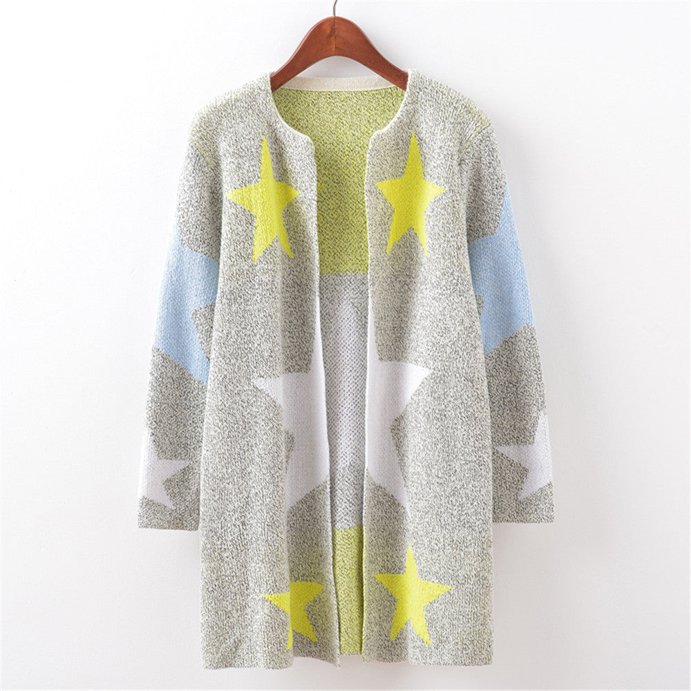 Alimida Autumn Cardigans Stars Pattern Print Casual Fashion Women Long
