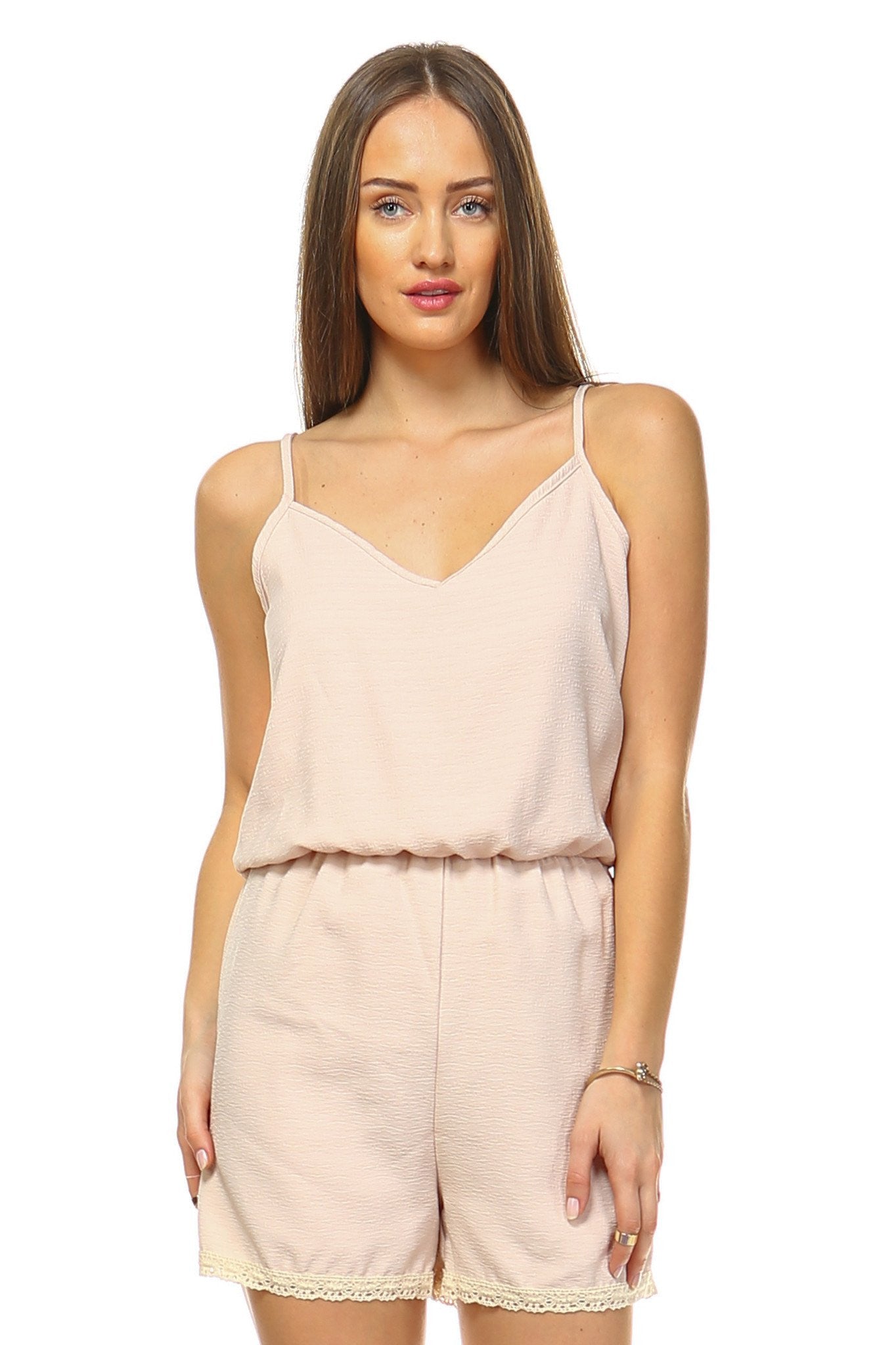 V-Neck Romper with Embroidered Trim