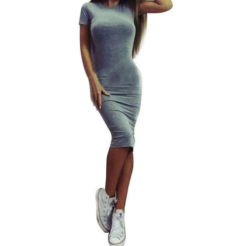 Women Dress Fashion Sexy Solid Short Sleeve  Slim A-Line :Knee-Length Dresses Women's Clothing #LYW