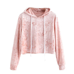 Velvet Sweatshirt Womens Long Sleeve Hoodie Sweatshirst Jumper Hooded Pullover Pink Crop Tops Blouse