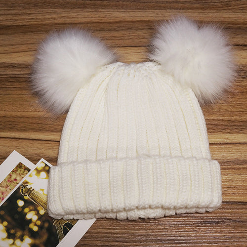 Women's Winter Chunky Knit Beanie Hat with Double Faux Fur Pom Pom Ears