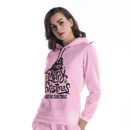 Women Printed  Christmas Deer Long Sleeve Hooded Loose Blouse Casual Tops