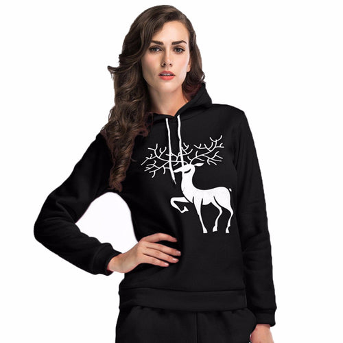 Women Printed  Christmas Deer Long Sleeve Hooded Loose Blouse Casual Tops