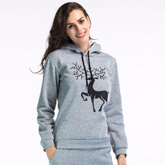 Women Printed  Christmas Deer Long Sleeve Hooded Loose Blouse Casual Tops
