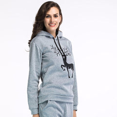 Women Printed  Christmas Deer Long Sleeve Hooded Loose Blouse Casual Tops