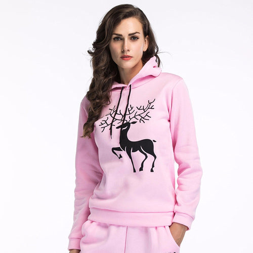 Women Printed  Christmas Deer Long Sleeve Hooded Loose Blouse Casual Tops