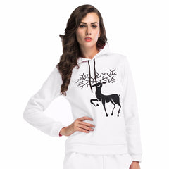 Women Printed  Christmas Deer Long Sleeve Hooded Loose Blouse Casual Tops