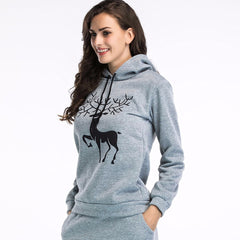 Women Printed  Christmas Deer Long Sleeve Hooded Loose Blouse Casual Tops
