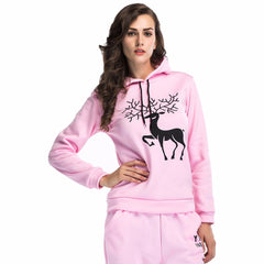 Women Printed  Christmas Deer Long Sleeve Hooded Loose Blouse Casual Tops