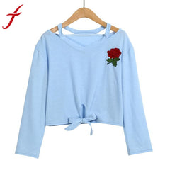 Fashion Blue Sweatshirt Womens Long Sleeve Rose Print Causal Bow Tie Cotton Short Tops Autumn New women sweatshirts