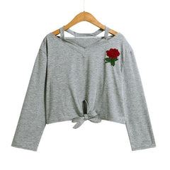 Fashion Blue Sweatshirt Womens Long Sleeve Rose Print Causal Bow Tie Cotton Short Tops Autumn New women sweatshirts