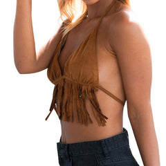 Clearance !! Women Tassel Tank Tops Sleeveless Khaki Deep V Neck Bustier Bra Vest Crop Top Shirt Cami Party Girls Tank Top#LSN