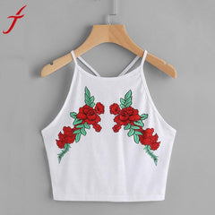 Sexy floral Embroidery camisole 2017 Summer Rose Print sleeveless White tank top tees Causal streetwear women tops female cami