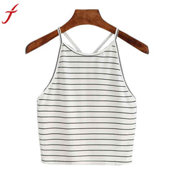 2017 HOT Summer Tops Women Fashion Sexy Striped Top O-Neck Sleeveless Short T-Shirt Tops#LSN