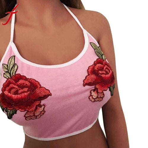 Appliques Tank Tops Women Fashion Sexy Bare Midriff  Rose Printing Sleeveless O-Neck Tanks & Camis Tops Blouses