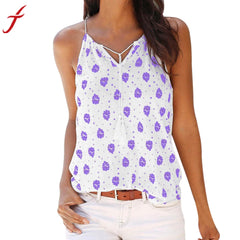 2017 Women Summer Fashion Crop Top Print Sleeveless V-Neck Vest Shirt Tank Tops Female Sexy Vest White T Shirt