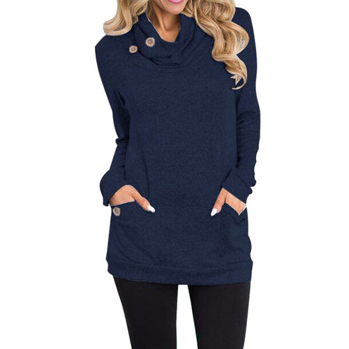 Women Cowl Neck Button Slim Long Sleeve Pockets Blouse Tops Sweatshirt