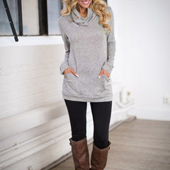 Women Cowl Neck Button Slim Long Sleeve Pockets Blouse Tops Sweatshirt