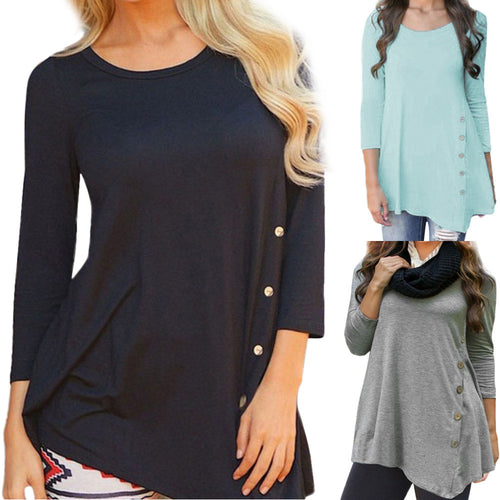 Women Long Sleeve Loose Button Trim Blouse