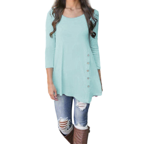 Women Long Sleeve Loose Button Trim Blouse