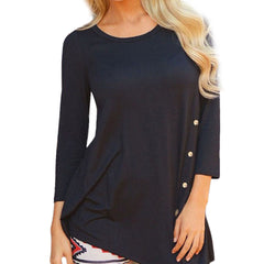 Women Long Sleeve Loose Button Trim Blouse
