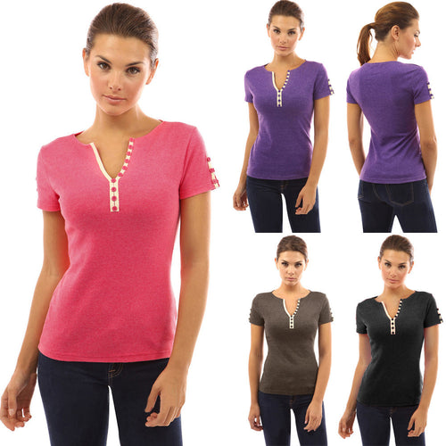 Women Ladies Sexy Casual Button V Neck T-shirt