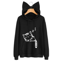 Fashion Women Front Pocket Cat Ear Hoodie Sleeping Cat Pattern Printed Pullover Sweatshirt