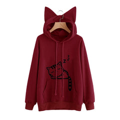 Fashion Women Front Pocket Cat Ear Hoodie Sleeping Cat Pattern Printed Pullover Sweatshirt