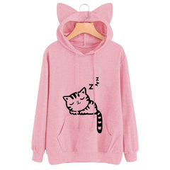 Fashion Women Front Pocket Cat Ear Hoodie Sleeping Cat Pattern Printed Pullover Sweatshirt