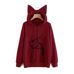 Fashion Women Front Pocket Cat Ear Hoodie Sleeping Cat Pattern Printed Pullover Sweatshirt
