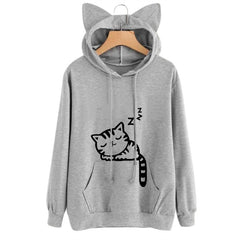 Fashion Women Front Pocket Cat Ear Hoodie Sleeping Cat Pattern Printed Pullover Sweatshirt
