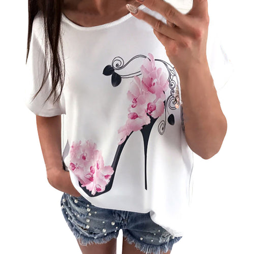 Women Short Sleeve High Heels Printed Tops