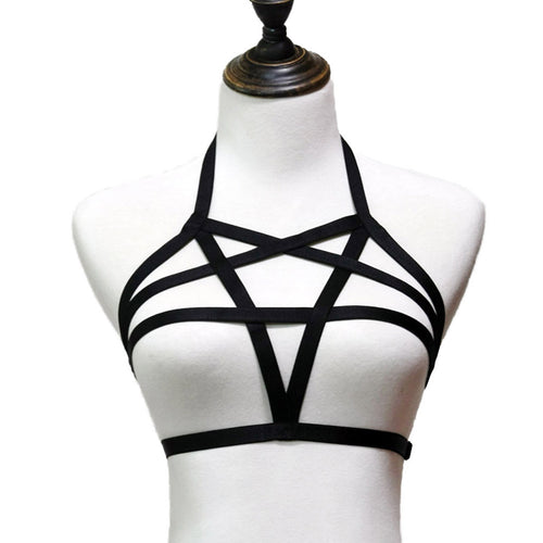 Womens Sexy Harness Bra Goth Pentagram Harness Strappy Body Caged Bra Halloween Costume